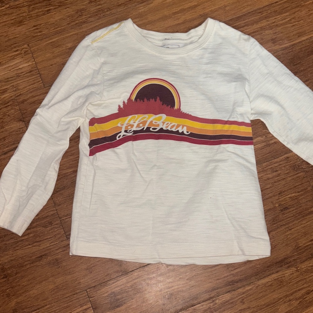 L.L. Bean Kids Cream Long Sleeve Tee with Retro Sunset Graphic